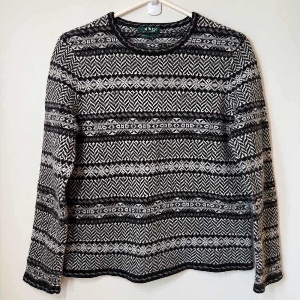 Lauren Ralph Lauren cashmere blend Fairisle Nordic style sweater black white